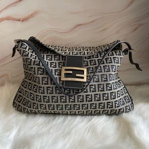 ✨RARE✨Fendi Zucchino Mamma Baguette Shoulder Hand Bag Canvas Leather Blue